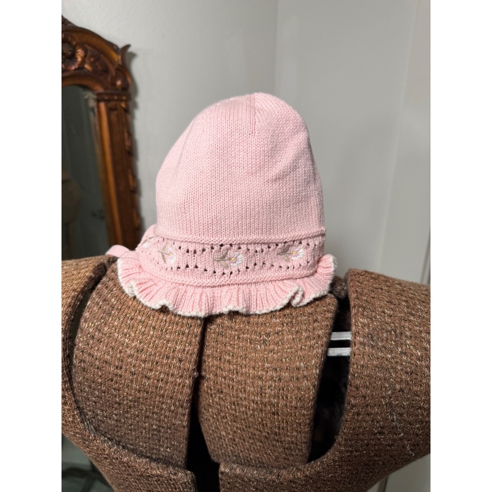 Pink Knit Baby Bonnet Floral Embroidery Ruffle Trim Chin Ties Soft Beanie Hat